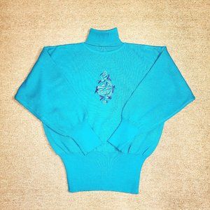 Vintage Tyrolia Sweater Turtleneck Wool Oversized Womens L Green Embroidered 80